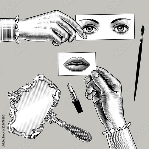 Female hands, eyes, lips and accessory drawing in vintage engraving style