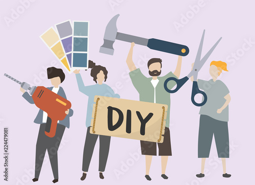 People carrying various DIY tools illustration