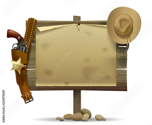 Wild West wood signboard with a sheet and cowboy accessories isolated on white