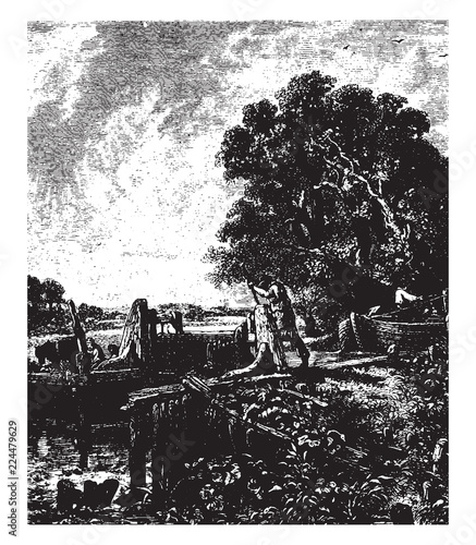 A Lock on the Stour is a painting by John Constable, vintage engraving.
