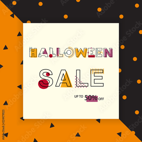 Happy Halloween Sale Banner with lettering. Geometric font in memphis style 80s-90s design vector illistration.