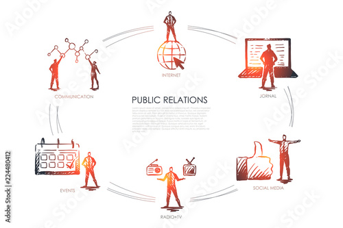 Public relations - communication, jornal, radio and tv, social media, events set concept.