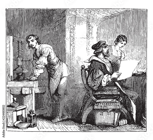 Caxton in the Almonry, Westminster, vintage illustration