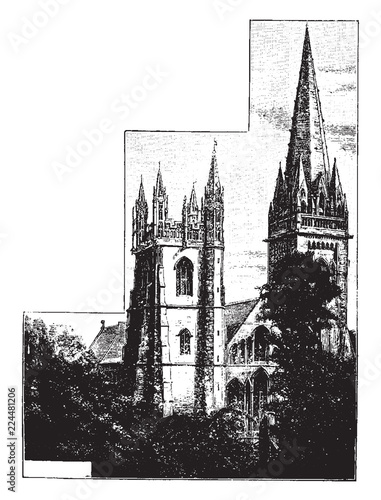 Llandaff Cathedral, the seat of the Anglican Bishop, vintage engraving. photo
