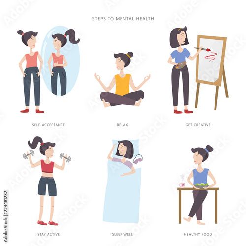 Mental health care vector illustration. Steps to mental health. Big set of infographic elements
