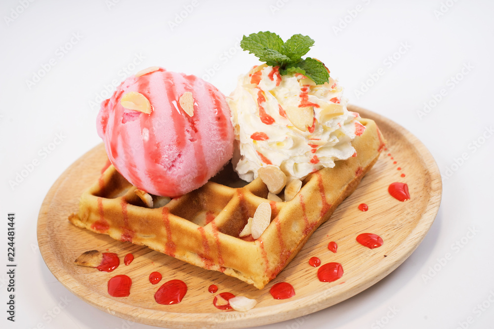 Homemade waffle with strawberry ice cream Homemade waffle with strawberry ice cream