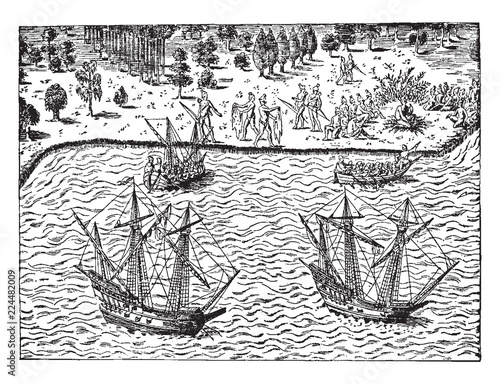 Bild auf Leinwand The Huguenots - The Landing of John Ribault,vintage illustration.