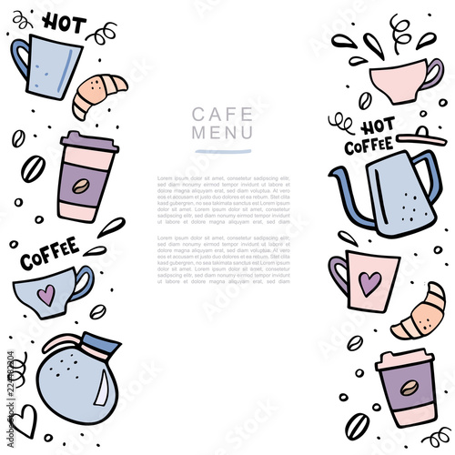 Coffee handdrawn banner with space for your text. Handdrawn vector illustation with coffee cups and coffee pots.
