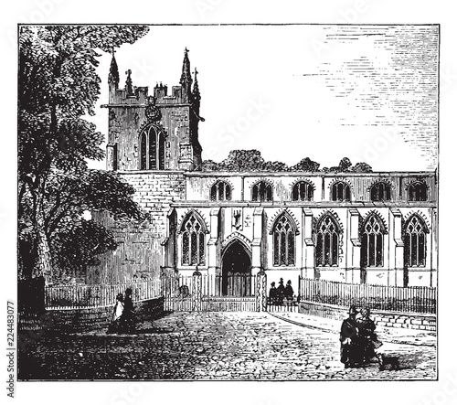 Bangor Cathedral, Caernarvonshire, vintage engraving. photo