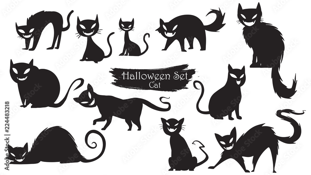 Spooky cats silhouette collection of Halloween vector isolated on white background. scary and creepy element icon character