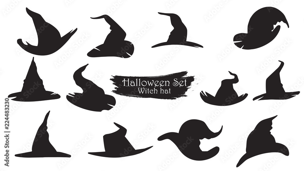 Spooky witch hats silhouette collection of Halloween vector isolated on white background. scary and creepy element