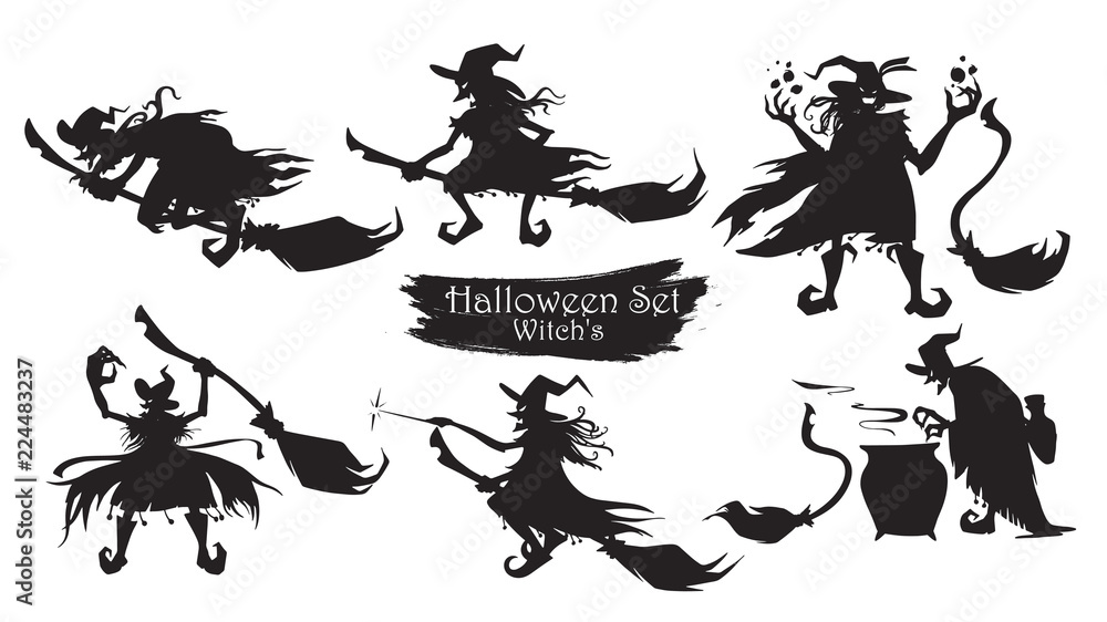 Fototapeta premium Spooky witch with brooms and hats silhouette collection of Halloween vector isolated on white background. scary and creepy element