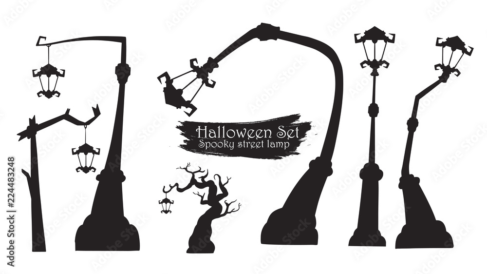 Spooky street lamp silhouette collection of Halloween vector isolated on  white background. scary, haunted and creepy curly plant with lantern  element vector de Stock | Adobe Stock