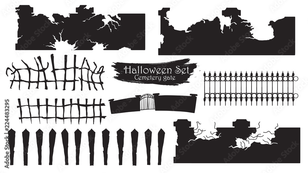 Spooky cemetery gate silhouette collection of Halloween vector isolated on white background. scary, haunted and creepy fencing element