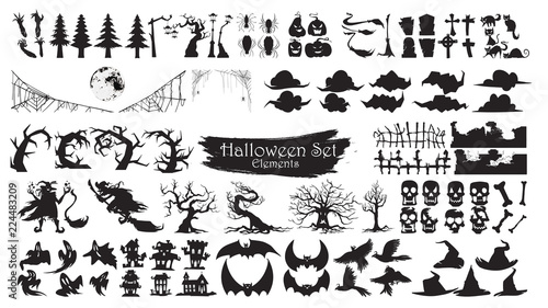 Spooky Halloween Silhouette Elements Vector Collection isolated on white background. scary and creepy element icon character