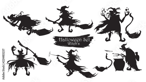 Spooky witch with brooms and hats silhouette collection of Halloween vector isolated on white background. scary and creepy element