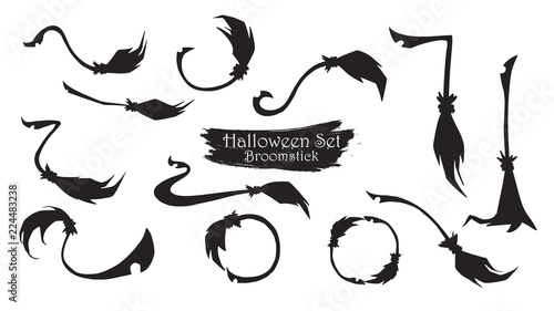 Spooky broomstick silhouette collection of Halloween vector isolated on white background. scary and creepy element photo