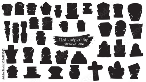 Spooky gravestone cemetery silhouette collection of Halloween vector isolated on white background. scary and creepy tombstone element photo