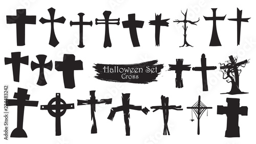 Spooky cross cemetery silhouette collection of Halloween vector isolated on white background. scary and creepy tombstone element