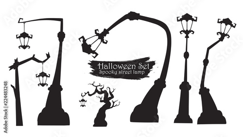 Spooky street lamp silhouette collection of Halloween vector isolated on white background. scary, haunted and creepy curly plant with lantern element