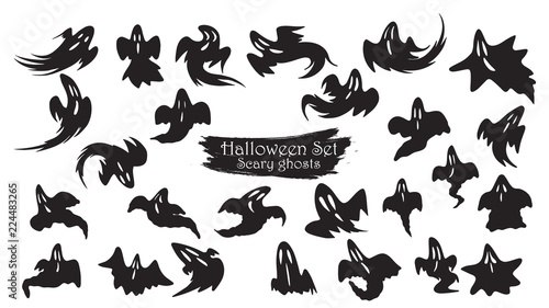 Spooky ghost fly silhouette collection of Halloween vector isolated on white background. scary, haunted and creepy expression element