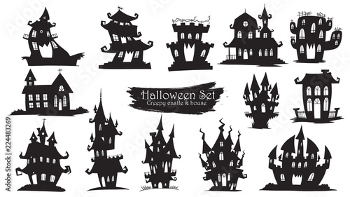 Spooky castle silhouette collection of Halloween vector isolated on white background. scary, haunted and creepy house element
