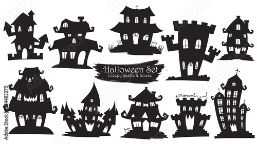 Spooky castle silhouette collection of Halloween vector isolated on white background. scary, haunted and creepy home element