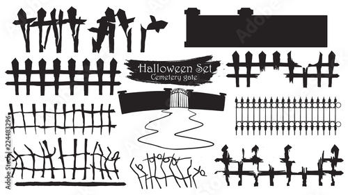 Spooky cemetery gate silhouette collection of Halloween vector isolated on white background. scary, haunted and creepy fence element