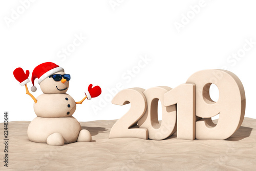 Sandy Christmas Snowman at Sunny Beach with 2019 New Year Sign. 3d Rendering