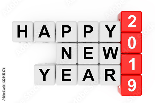 New 2019 Year concept. Happy New Year 2019 Sign as Crossword Blocks. 3d Rendering