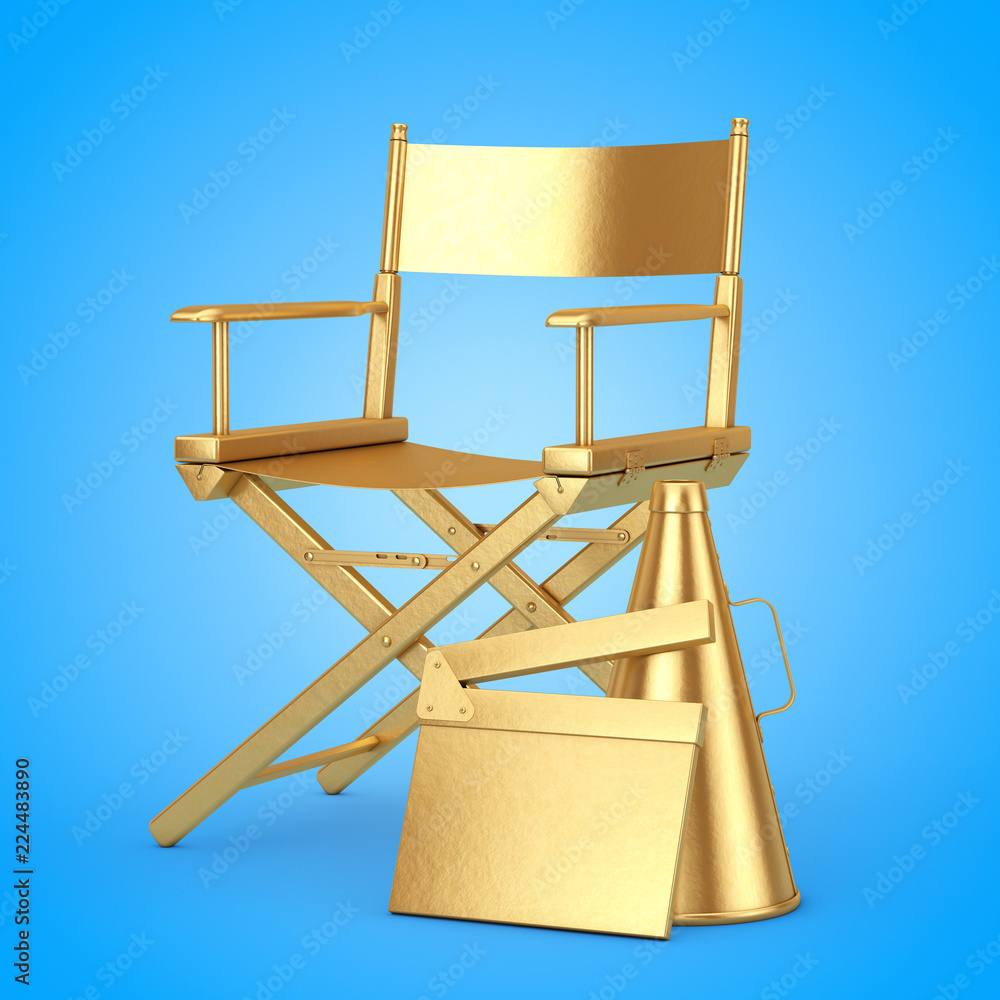 Naklejka premium Golden Director Chair, Movie Clapper and Megaphone. 3d Rendering