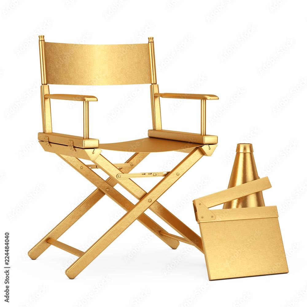 Fototapeta premium Golden Director Chair, Movie Clapper and Megaphone. 3d Rendering