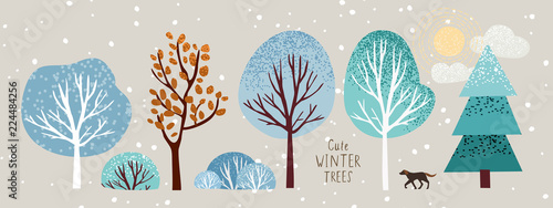 cute winter trees, vector isolated illustration of trees, leaves, fir trees, shrubs, sun, snow and clouds, New Year and Christmas objects and elements of nature to create a landscape