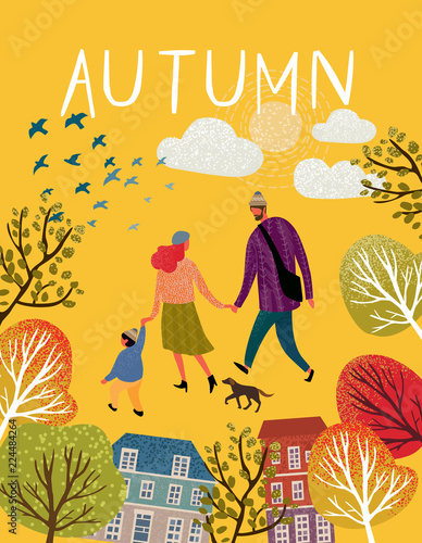Family in autumn, create your cute card! Set of vector elements: family, mom, dad, son, dog, birds, sun, clouds, buildings, trees