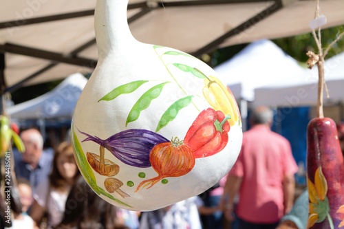 Handmade kratuna with the paintings of vegetables at a marketplace in Troyan, a city in Bulgaria