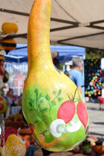 Handmade kratuna with paintings of fruits at a marketplace in Troyan, a city in Bulgaria