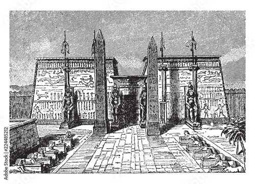 Luxor Temple, large Ancient Egyptian temple,  vintage engraving.