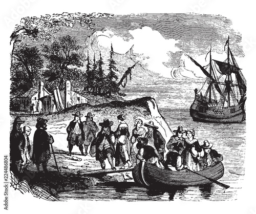 Leinwand Poster Landing of the Dutch settlers on Manhattan Island,vintage illustration
