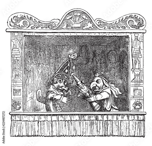 Punch and Judy Show including Punch, Judy and their child in this picture, vintage engraving.