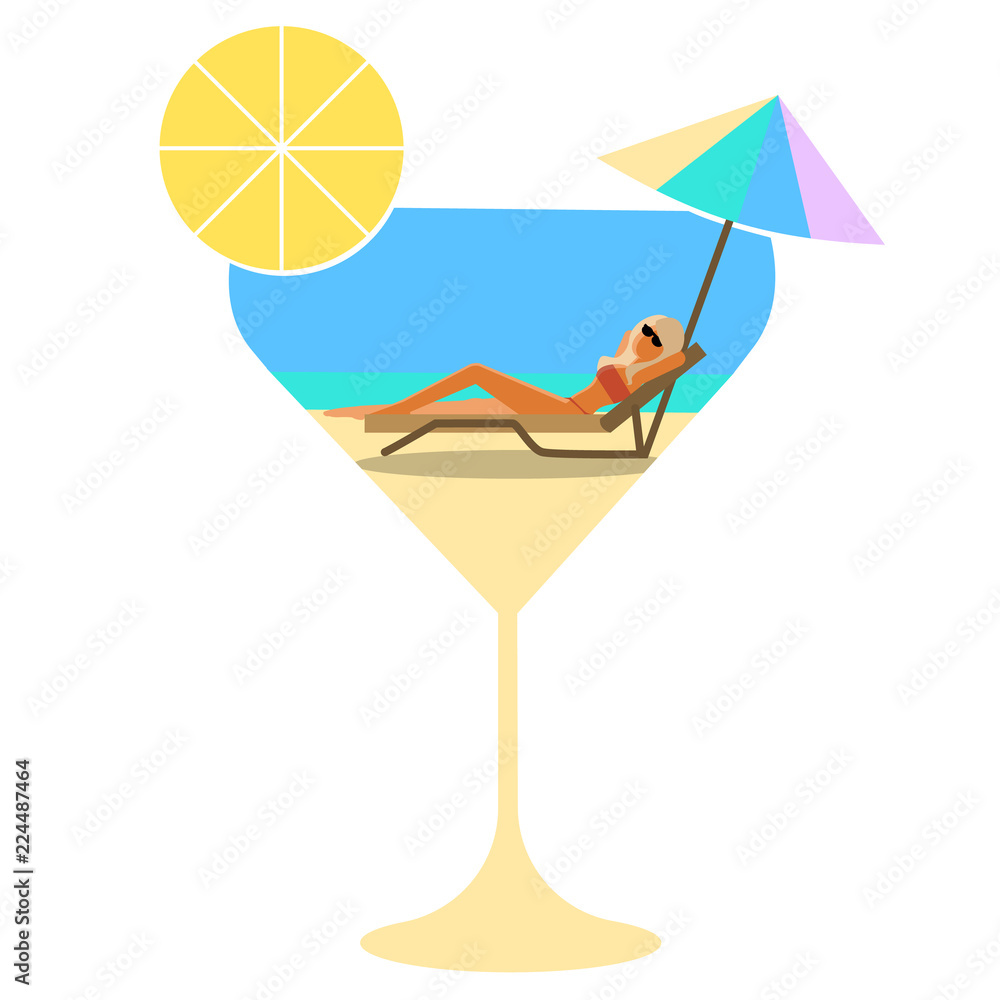 Summer cocktail, party, vacation. Girl in glass on beach under parasol from  sun , relaxing in sunglasses against background of sea. Hot summer day.  Stock Vector | Adobe Stock