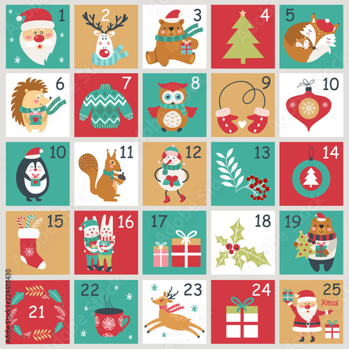 Christmas Advent calendar with hand drawn elements. Xmas Poster.