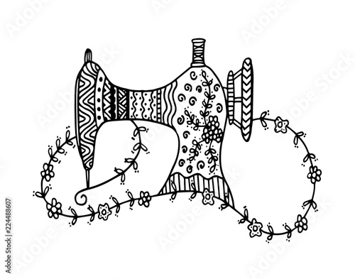 Sewing machine. Hand drawn sketch. Vector illustration.