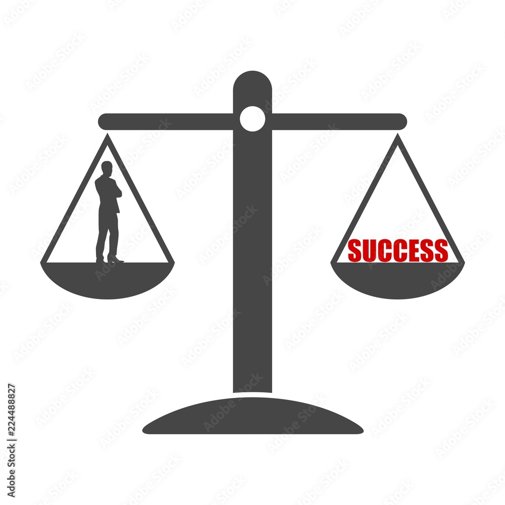 Businessman and word success on a balance scale Businessman and word success on a balance scale