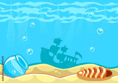Underwater vector world background with ship, seashell and an aquarium