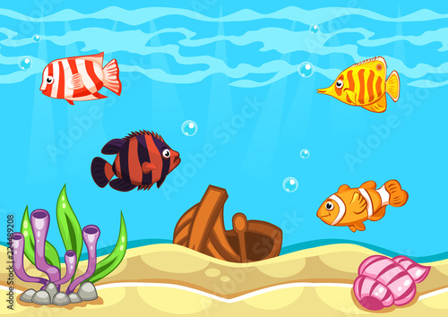 Underwater world vector illustration with algae, boat, seashell and fishes