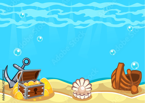Underwater vector world background with chest, boat, seashell and an anchor
