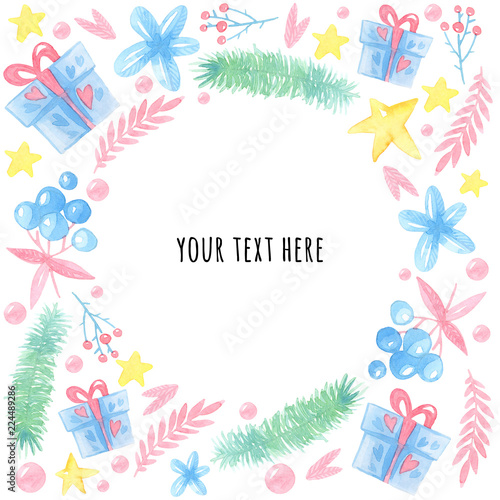 watercolor cartoon illustration. New year card template. Round frame with stars, gifts, sprigs of Christmas trees, berries, flowers, balls
