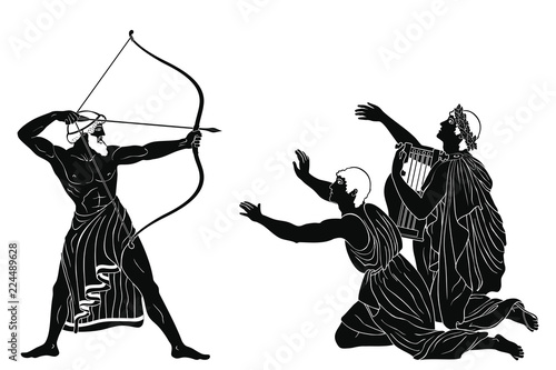 Mythological story of Homer. Odyssey kills the suitors of Penilope. An archer with weapons in his hands and men on their knees. Figure isolated on white background.
