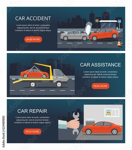 Automobile Service isolated on night city background. Vector web banner