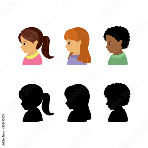 kid girl faces in profile and silhouettes,isolated characters,